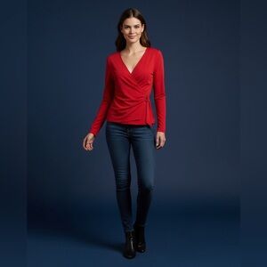 Michael Kors Red Wrap Long-Sleeve Top with Side Tie